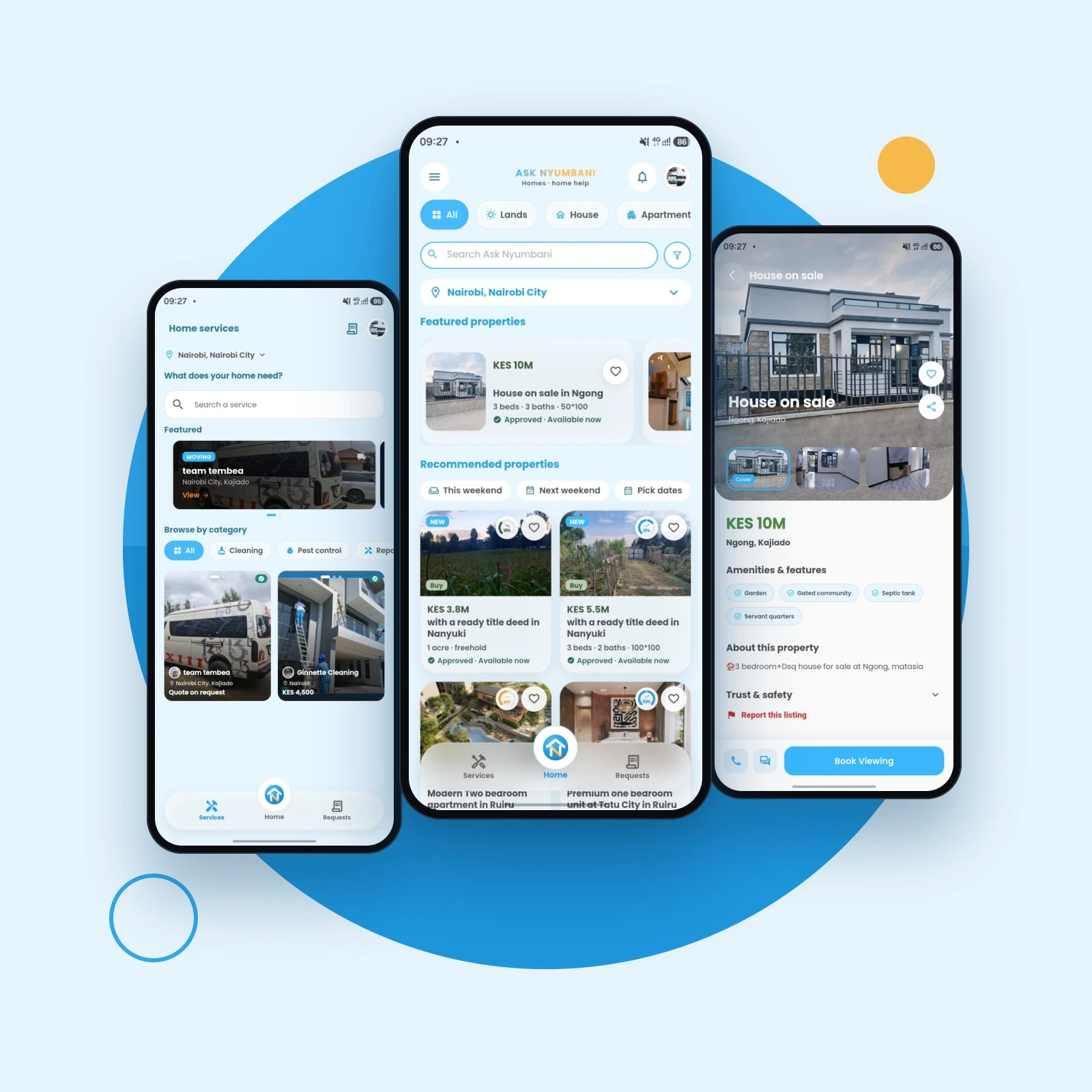 Ask Nyumbani app screens: home services, property details and requests