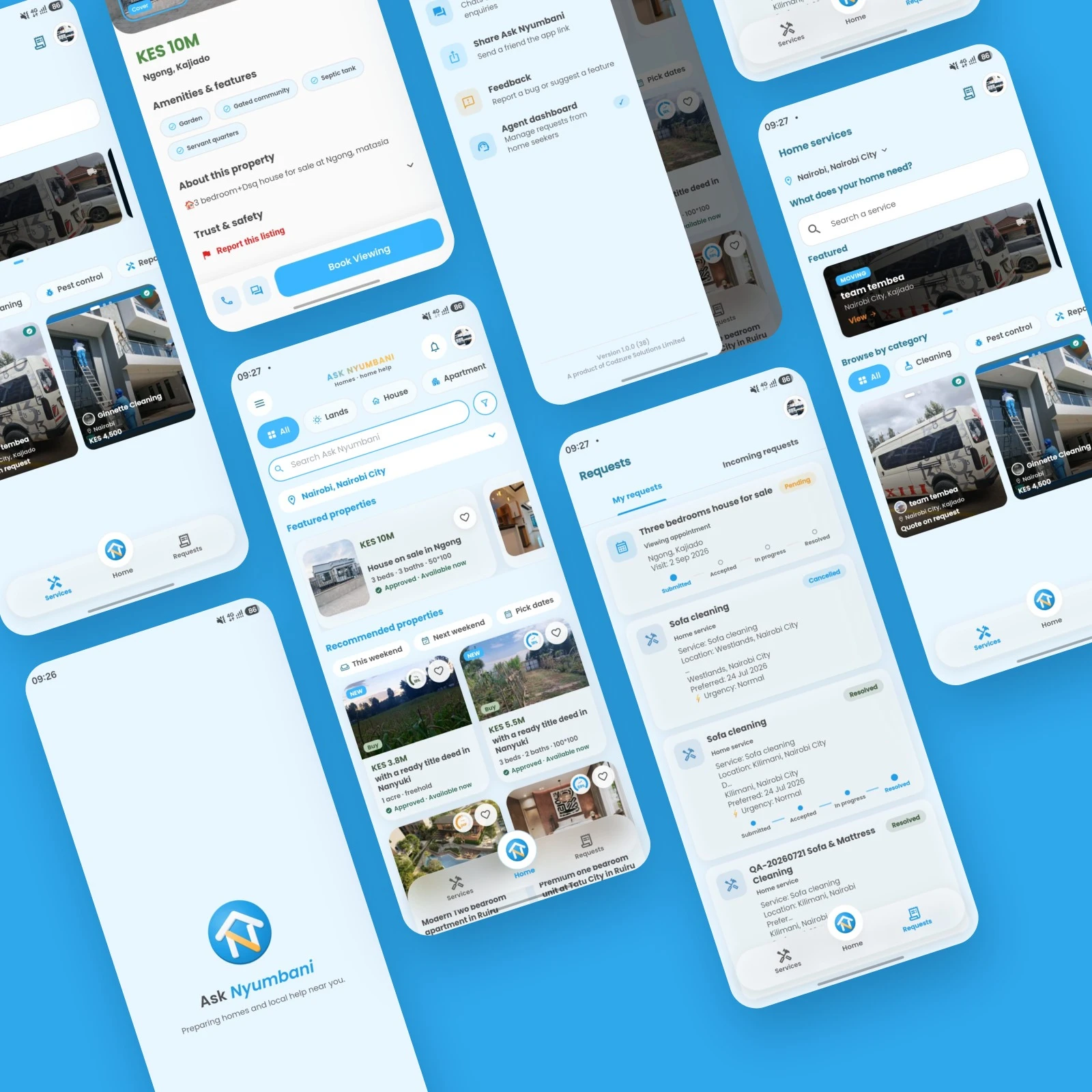 Ask Nyumbani app screens: property search, listing details, requests and services