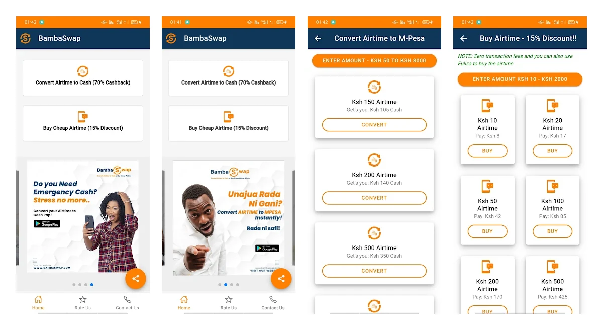 The previous BambaSwap app screens: home, convert airtime and buy airtime