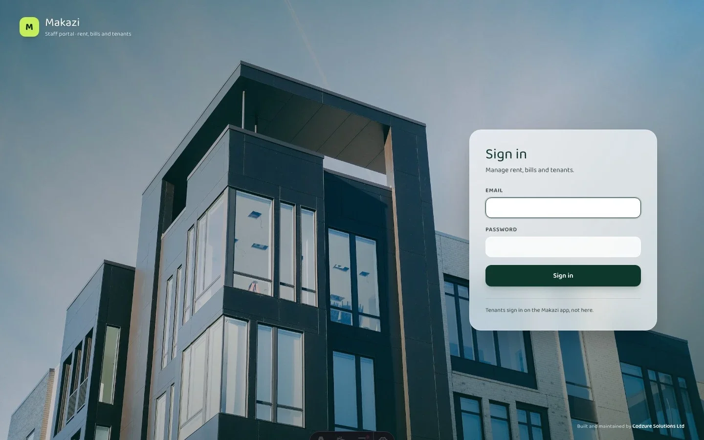 Makazi Admin staff sign-in screen